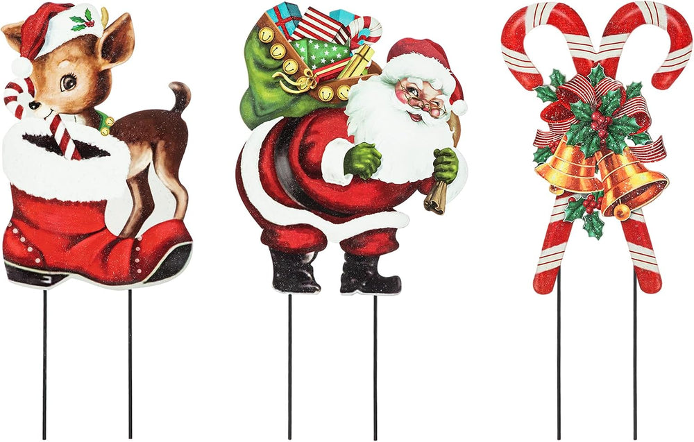 Glitzhome Set of 3 Garden Yard Stake, 40 Inches Metal Glitter Santa, Reindeer...