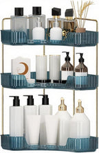 Corner Bathroom Countertop Organizer, Vanity Organizer Trays for Counter, Makeup Organizers, Perfume Tray, Skincare Shelf Storage Gifts for Women Girl Student (Blue, 3 Tiers)