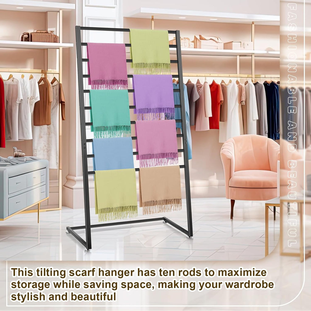 Hijab Organizer, 10 Tier Metal Scarf Holder Organizer, Freestanding Scarf Shawl Display Stand Belt Holder for Boutique, Retail Store, Bedroom, Clothing Store(Black,57" X 31.5" X 15.75")