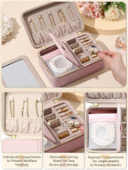 Velvet Travel Jewelry Box with Large Mirror, Double-Layer Jewelry Organizer Case for Women and Girls, Portable Storage Case with 6 Anti-Tarnish Bags Gift Ready for Her (Blush Pink)