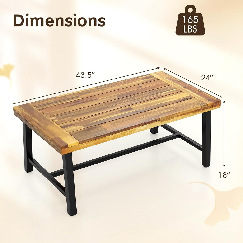 Tangkula Outdoor Acacia Wood Coffee Table, Rectangle Rustic Accent Table with Thickened Top & Heavy-Duty Metal Legs, for Patio, Deck, Garden, Natural