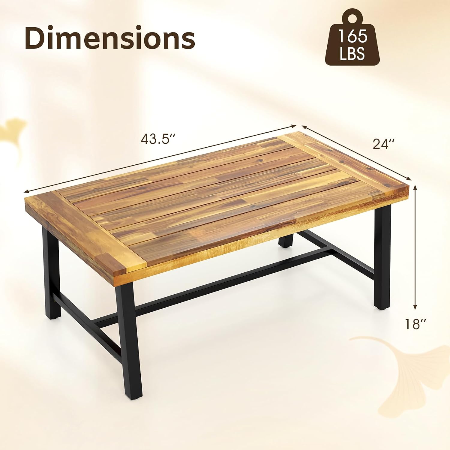Tangkula Outdoor Acacia Wood Coffee Table, Rectangle Rustic Accent Table with Thickened Top & Heavy-Duty Metal Legs, for Patio, Deck, Garden, Natural