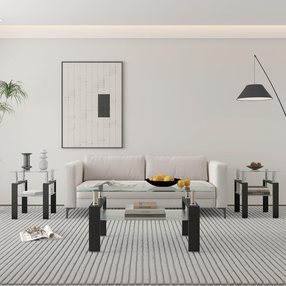 ODUSE-DAILY Glass Coffee Table - Black Metal Frame Set of 3 Living Room Table...