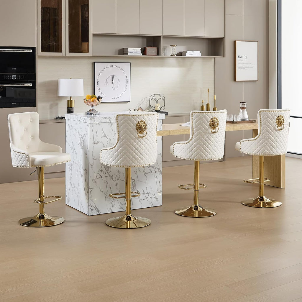 Gold Barstools Set of 4,Velvet Swivel Bar Height Stools with Lion Pull Ring,Upholstered Counter Height Stools with High Tufted Back,Modern Adjustable Bar Chairs for Kitchen Island/Cafe,Cream