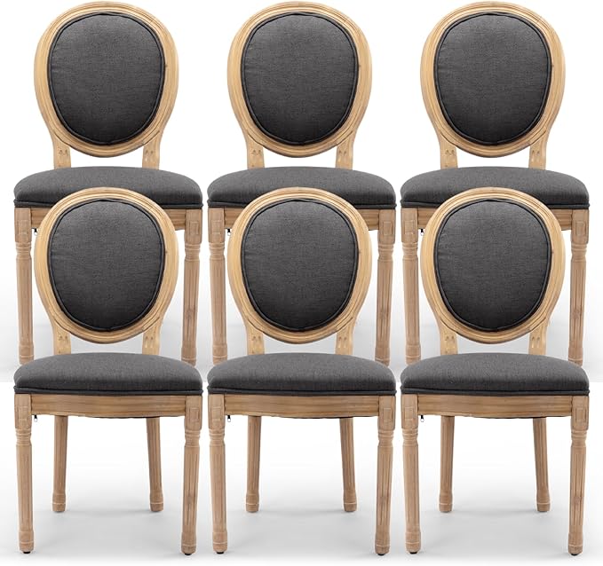 Upholstered Dining Chairs Set of 6 French Country Oval Fabric Back Kitchen Side Chair with Wood Legs for Dining Room, Kitchen, Restaurant(Dark Grey-Fabric)