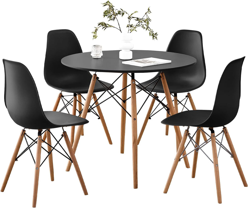 5-Piece Round Dining Set, 35.5" Black Table Chairs Set of 4 | Kitchen Ta...