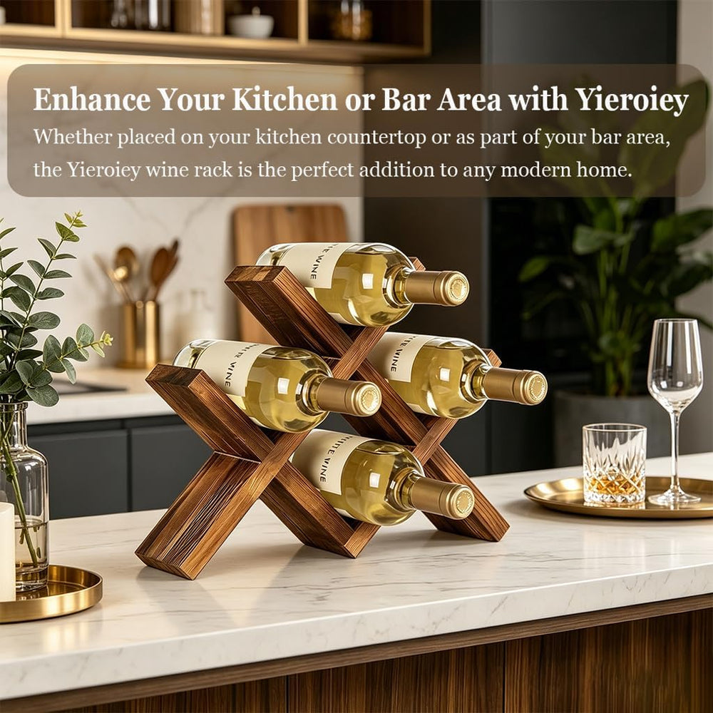 Premium Pinewood Wine Rack, Elegant 4-Bottle Countertop Wine Holder with Cros...