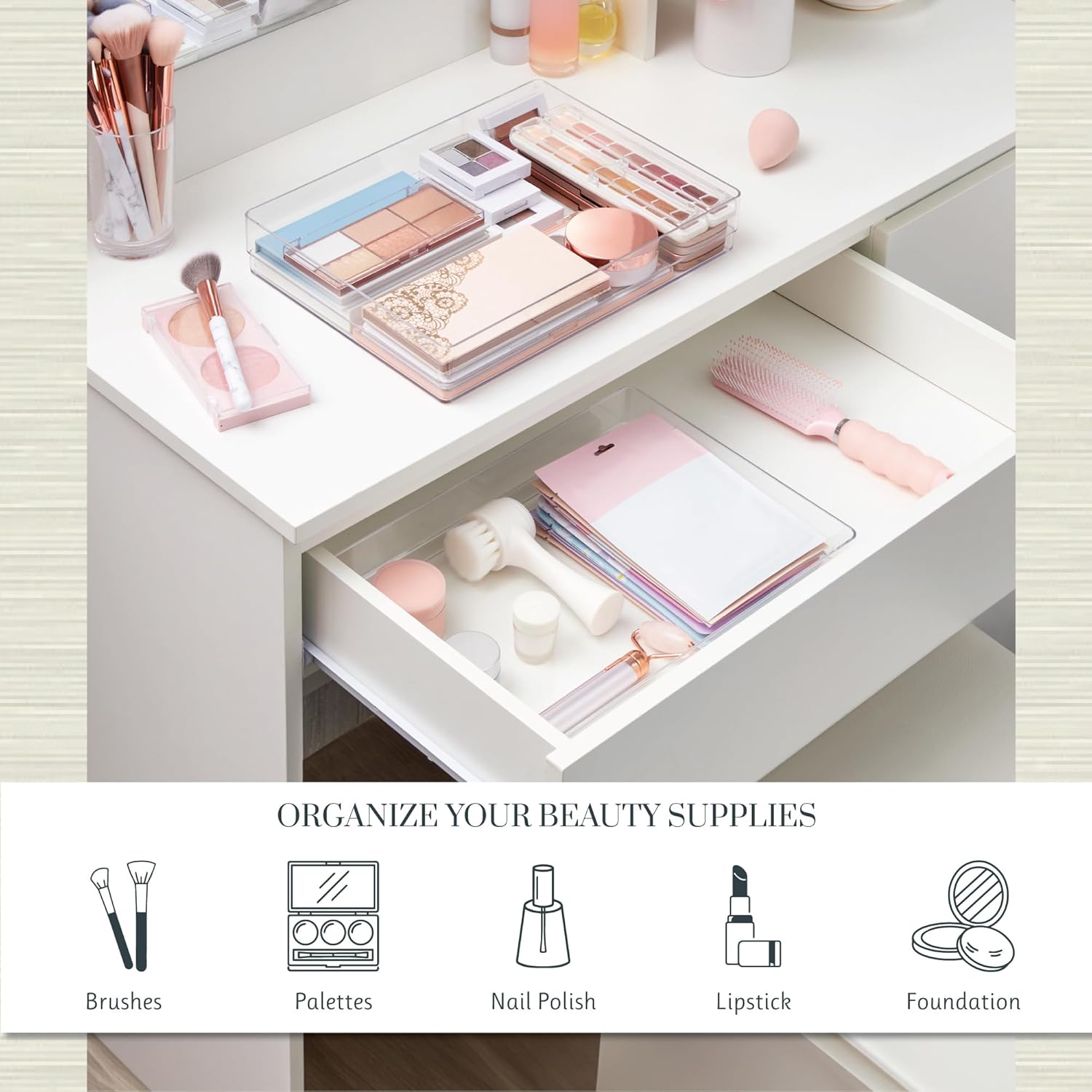 STORi SimpleSort 2-Piece Stackable Clear Drawer Organizer Set | 15" x 6" x 2" Rectangle Trays | Wide Makeup Vanity Storage Bins and Office Desk Drawer Dividers | Made in USA