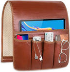 Non-slip Couch Organizer Armchair Caddy, Artificial Leather TV Remote Control Holder Bedside Caddy with 5 Pockets for Key Glasses Phone Magazine Holders.