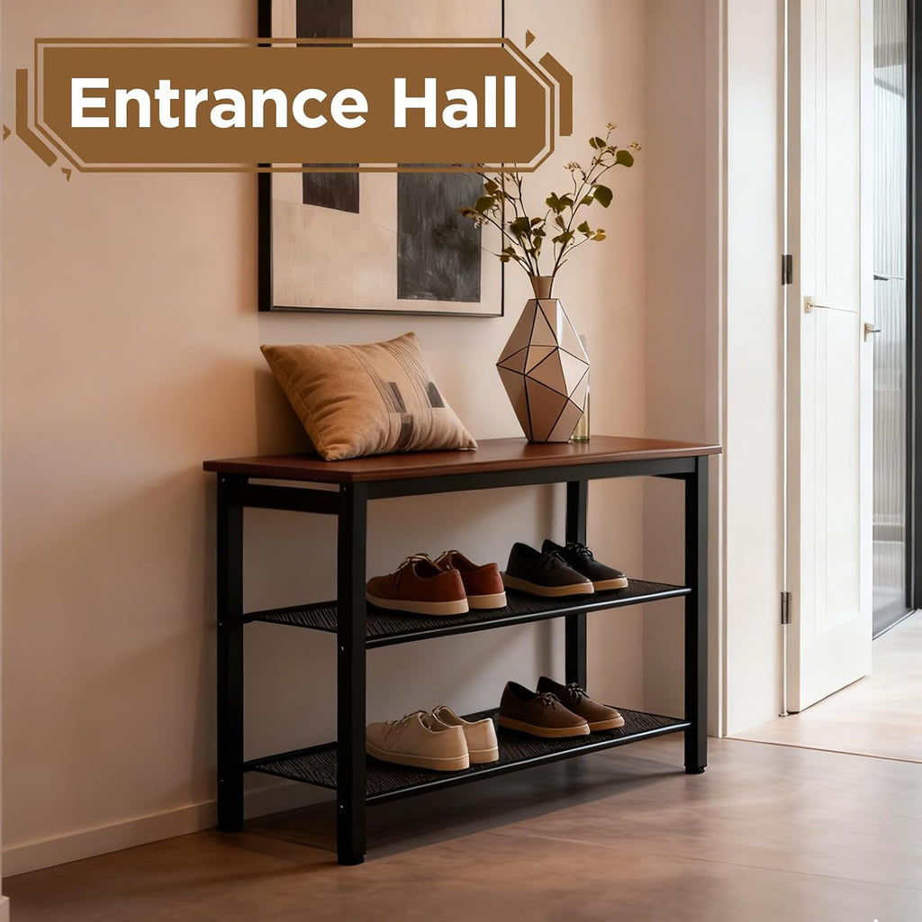 3-Tier Shoe Rack Bench, Hardwood & Alloy Steal Entryway Storage Organizer for Front Door Entrance, Bedroom, Living Room, 300lb Capacity (3-Tier Shoe Bench (Metal Mesh))