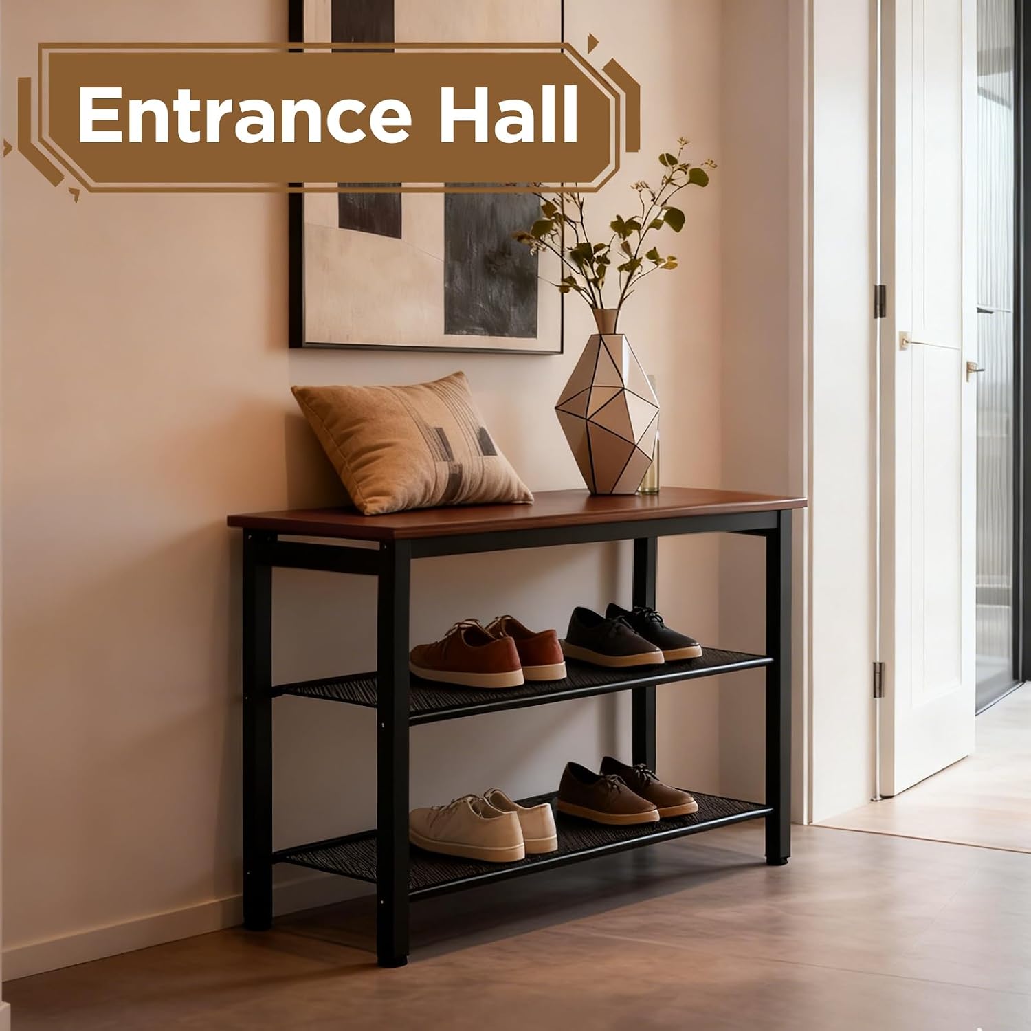 3-Tier Shoe Rack Bench, Hardwood & Alloy Steal Entryway Storage Organizer for Front Door Entrance, Bedroom, Living Room, 300lb Capacity (3-Tier Shoe Bench (Metal Mesh))