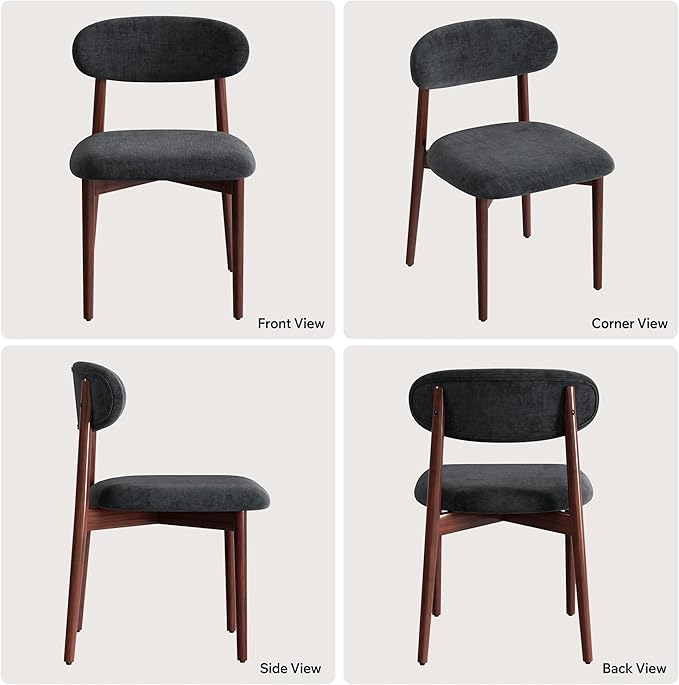 Wooden Dining Chair Set of 6, Modern Dining Chairs with with Curved Back, Linen Fabric Upholstered Kitchen Room Chairs with Adjustable Legs for Farmhouse Dining Living Room,Dark Grey