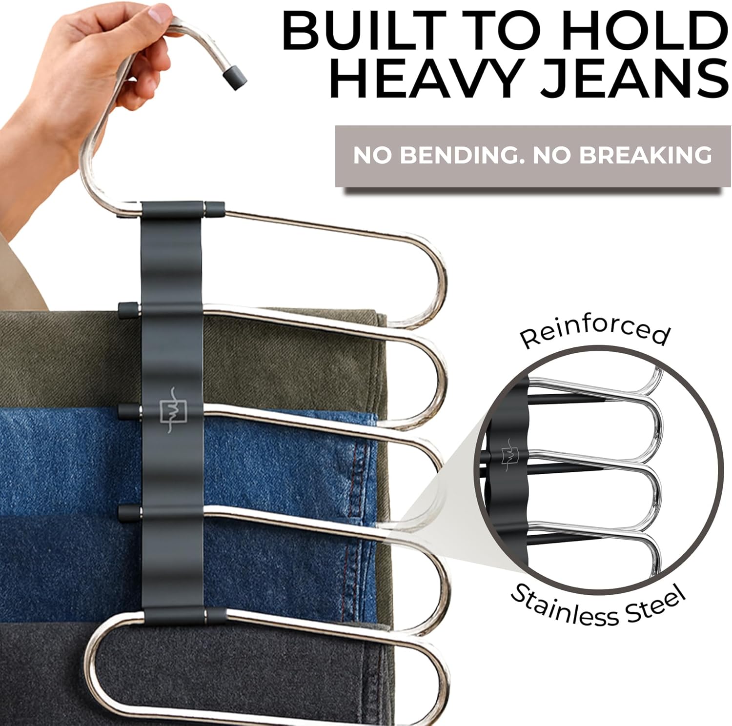 MORALVE Pants Hangers Space Saving - 2 Pack - Non-Slip Multi-Layer Space Saving Hangers - Multifunctional Clothing Rack for Closet Storage - Ideal for Jeans, Trousers, Skirts, Scarves & Slacks (Black)