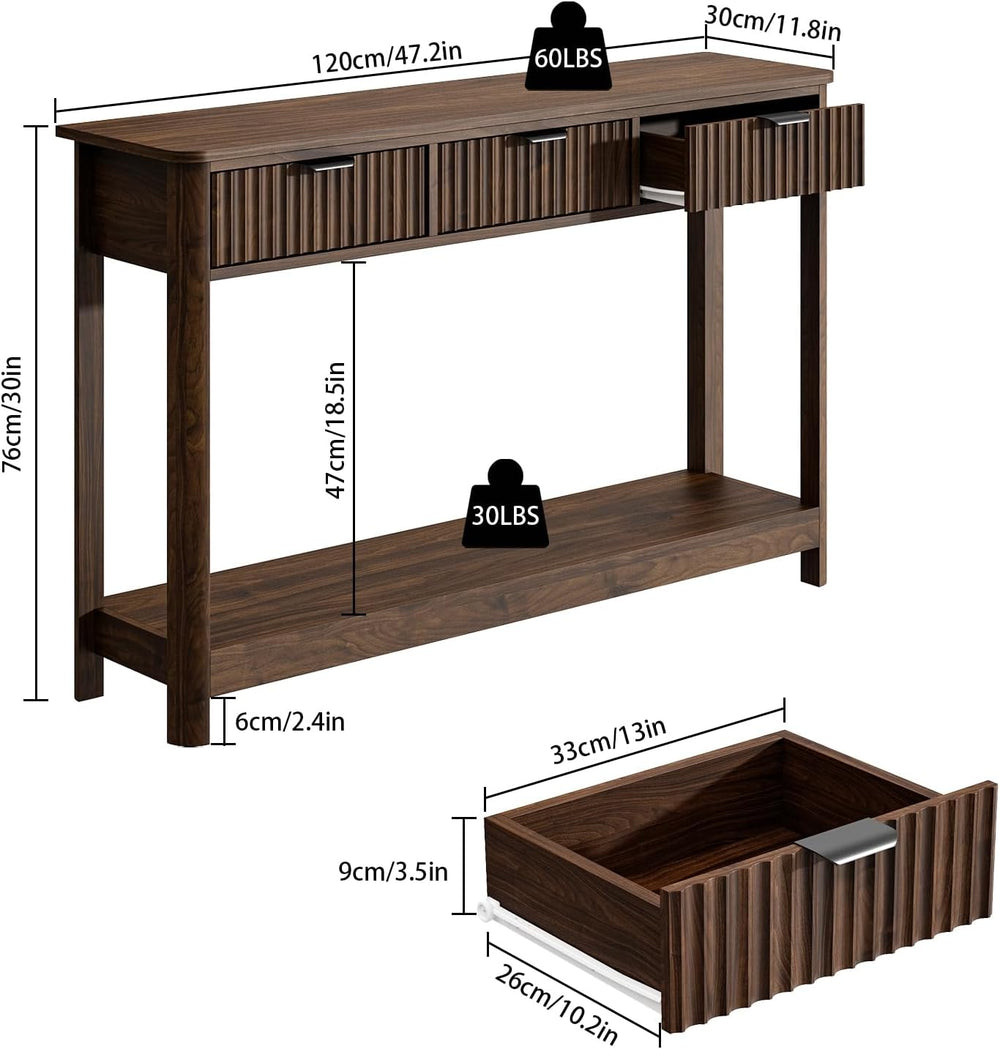 RUSTOWN Fluted Wood Console Table with 3 Drawers, 47.2" Boho Entryway Ta...