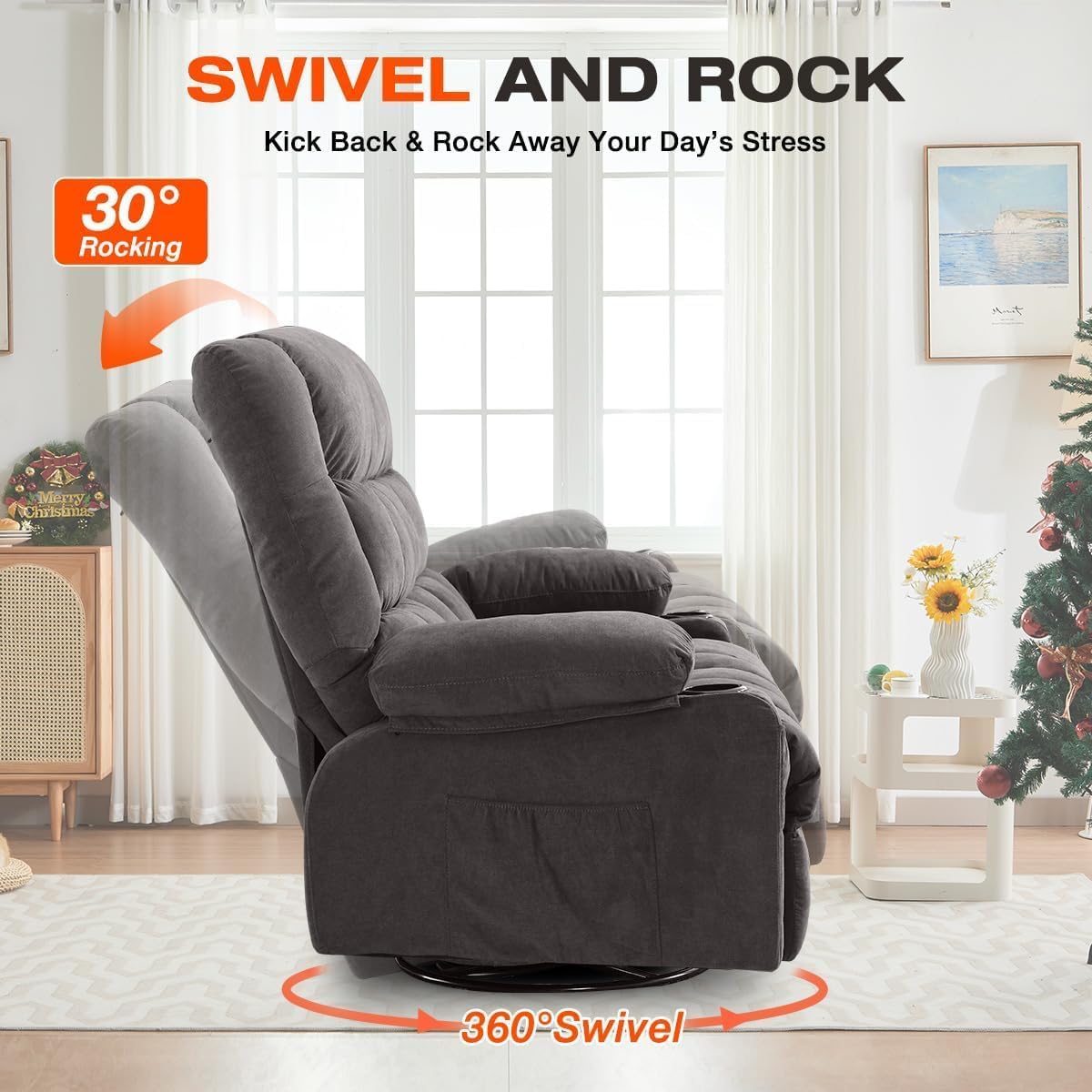 MAHOMICO Manual Recliner Chair with 2 Cup Holders,4 Pockets,Reclining Sofa for Living Room,Bedroom,22.4" W