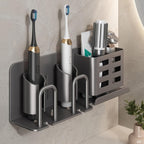 Electric Toothbrush Holder Wall Mounted, Aluminum Bathroom Organizer with No Drill - Holds 4 Toothbrushes & Toothpaste (2 Slots)