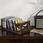 FARM IN CD Storage Holder, 5-Slot Farmhouse Industrial CD & DVD Storage Rack with Handles, Barn Door “X-Cross” Design, Rustic Solid Burnt Wood and Black Metal Wire