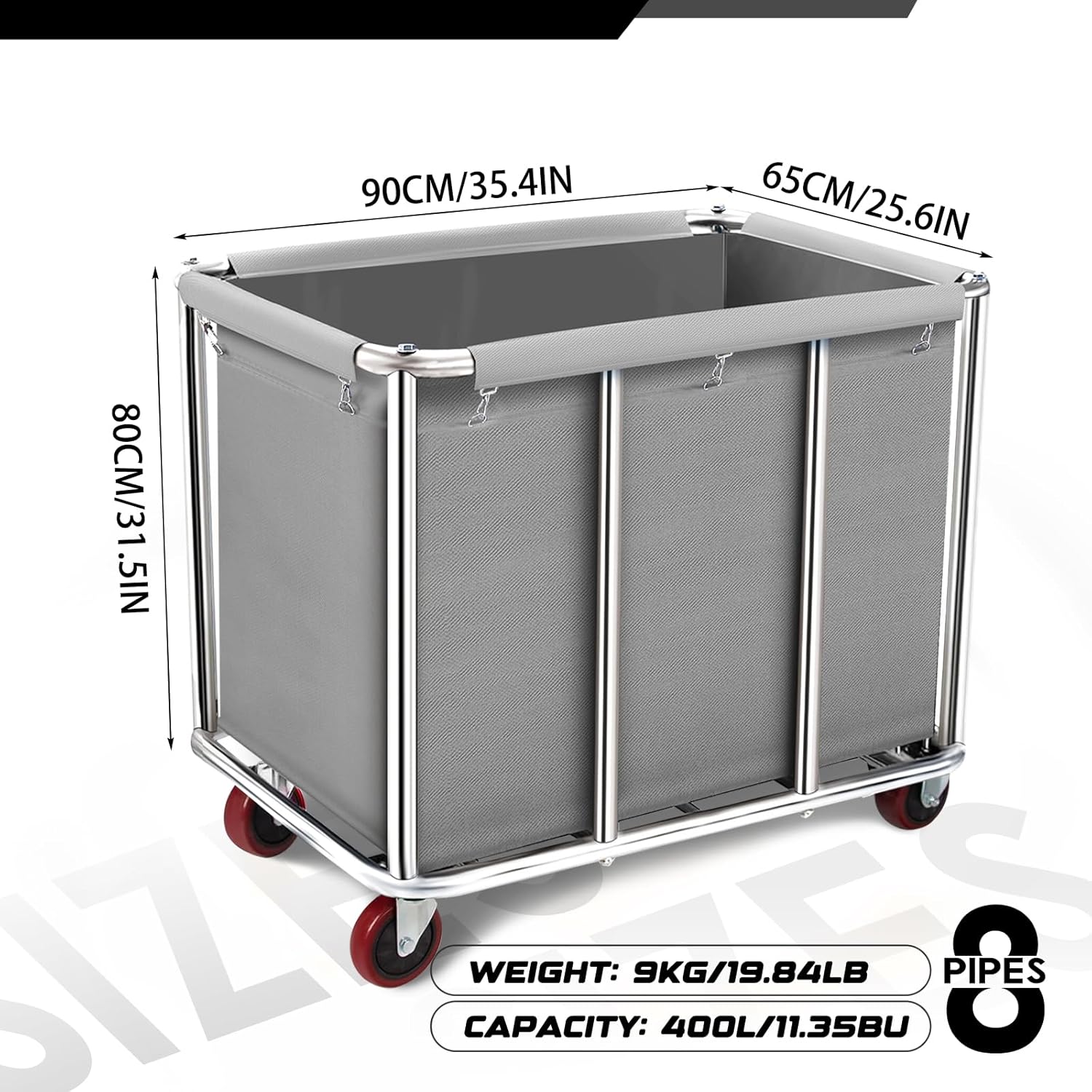 Commercial Laundry Cart on Wheels, 11.35 Bushels Large Roller with Removable Waterproof Canvas Lined Basket, Heavy Duty Stainless Steel for Hotels and Hospitals