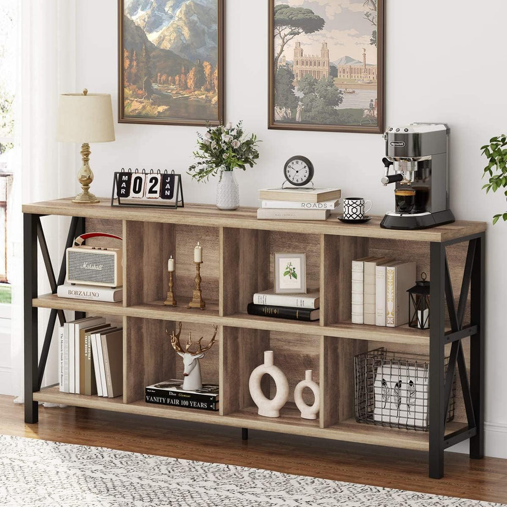 FATORRI 8 Cube Storage Organizer Bookshelf, 62 Inch Rustic Wood Horizontal Bo...