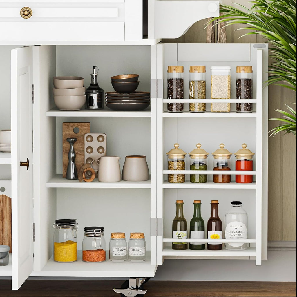 JassmiPkwy 59’’ Rolling Kitchen Island Cart with Drop Leaf and Power Outlet, Movable Kitchen Islands with 3-Tier Door Storage Shelf, Island Table on Wheels, 2 Large Drawers, Towel Racks, White