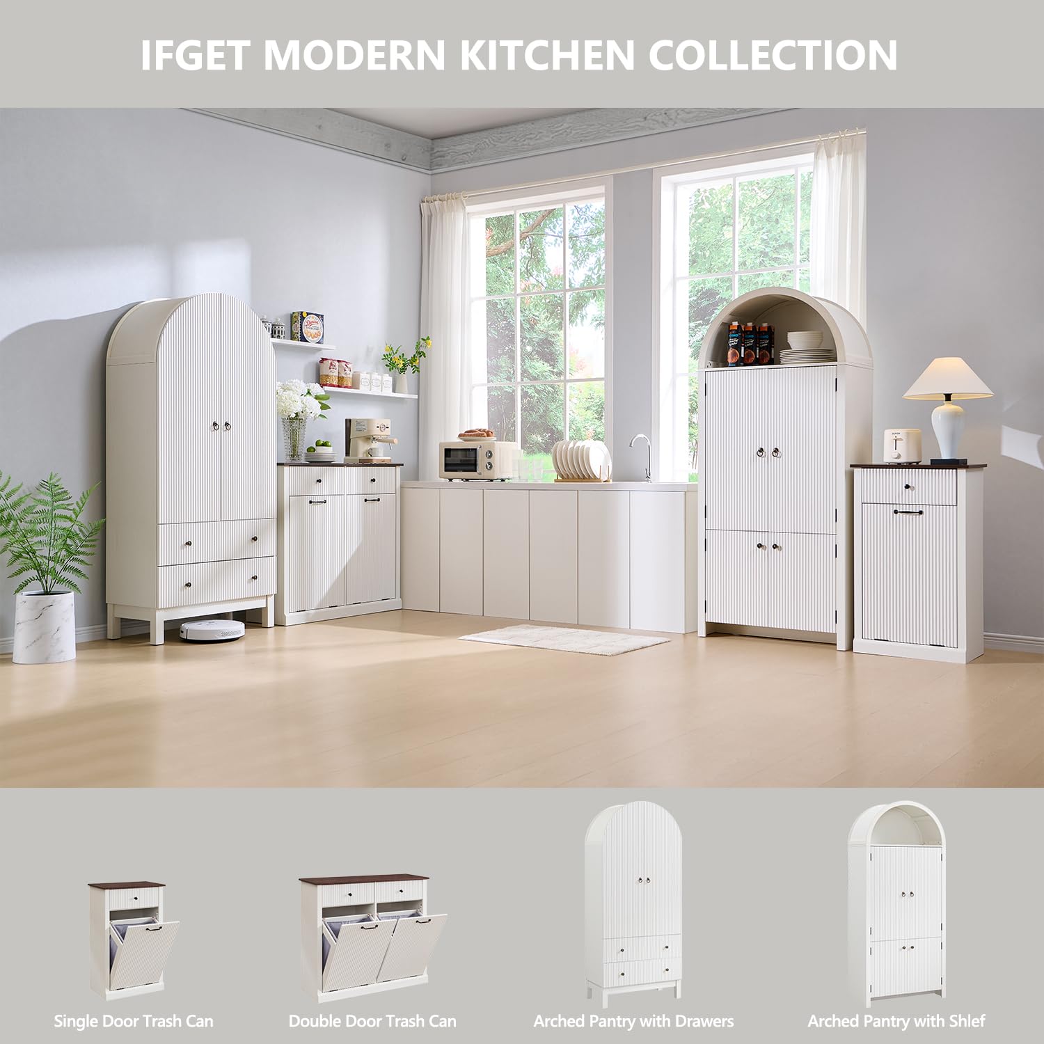Modern Tilt-Out Trash Can Cabinet, 10 Gallon Fluted Laundry Hamper Cabinet with Drawers, Wooden Hidden Garbage Can Cabinets with Storage Basket, Free Standing for Kitchen and Living Room, White