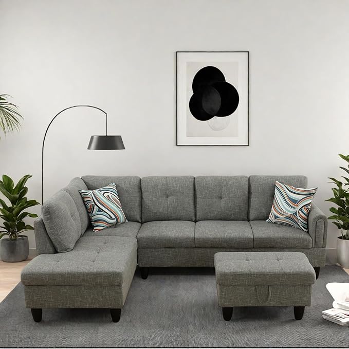 Modern Living Room Furniture Sets with Pillows, Modular Sectional Couches with Chaise Lounge, 4-Seaters L Shape Sofa with Storage Ottoman, for Living Room, Grey
