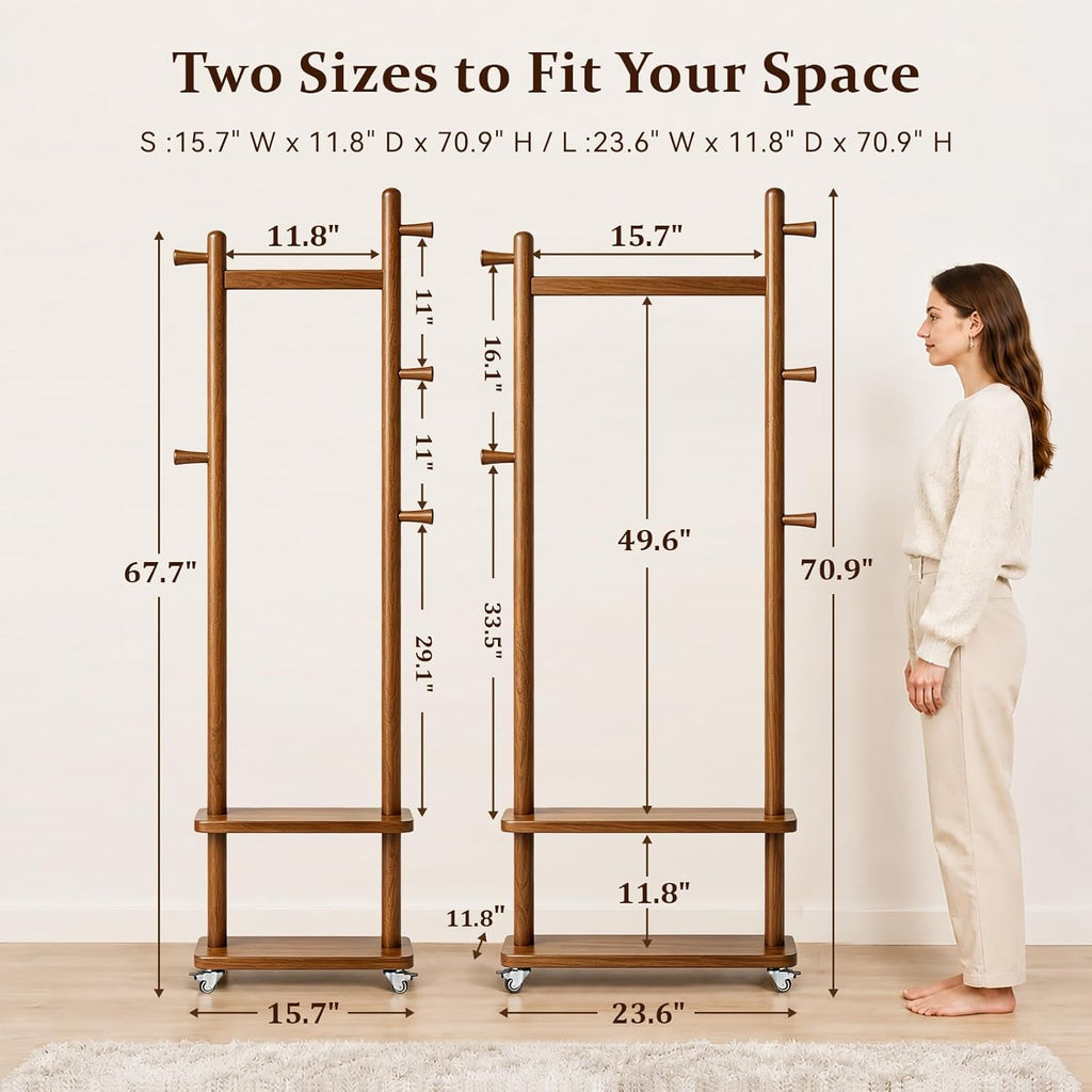 Solid Wood Coat Rack Freestanding Clothing Rack with Wheels & 2 Shelves Storage & 5 Hooks Heavy Duty Clothes Rack Wood Coat Tree Stand Hat Hanger Rack for Corner Bedroom Entryway Living Room Hotel