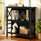 MNEETRUNG Small Bookshelf,3 Tier Industrial Bookcase with Metal Frame and Backboard,Low Black Book Shelf,Book case for Small Spaces,Living Room,Bedroom and Home Office