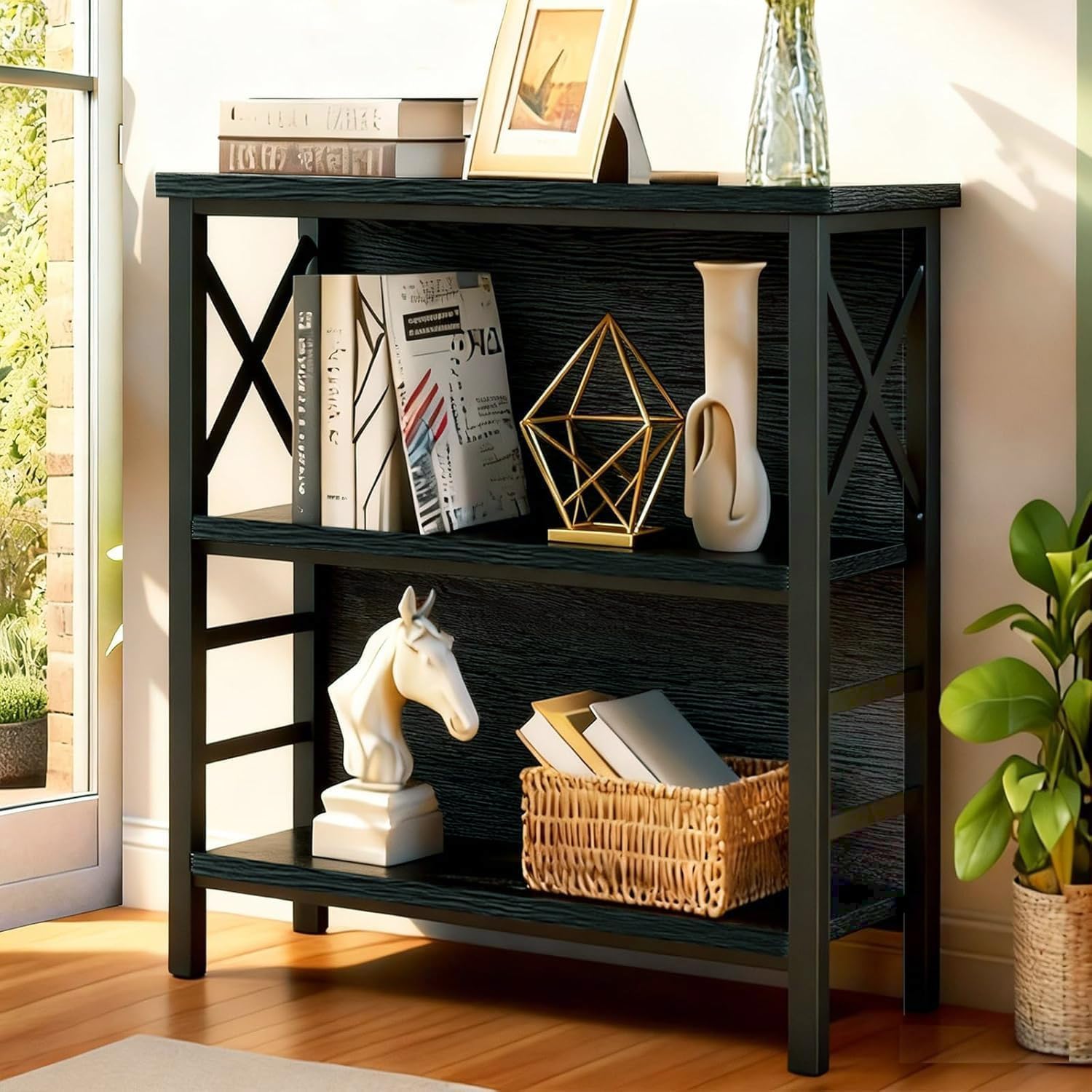 MNEETRUNG Small Bookshelf,3 Tier Industrial Bookcase with Metal Frame and Backboard,Low Black Book Shelf,Book case for Small Spaces,Living Room,Bedroom and Home Office
