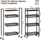 DGSNADGO Slim Rolling Storage Cart, 4-Tier Kitchen Cart on Wheels, Narrow Utility Cart with Handle and Wooden Tabletop for Small Space in Kitchen, Living Room, Bathroom, Rustic Brown and Black