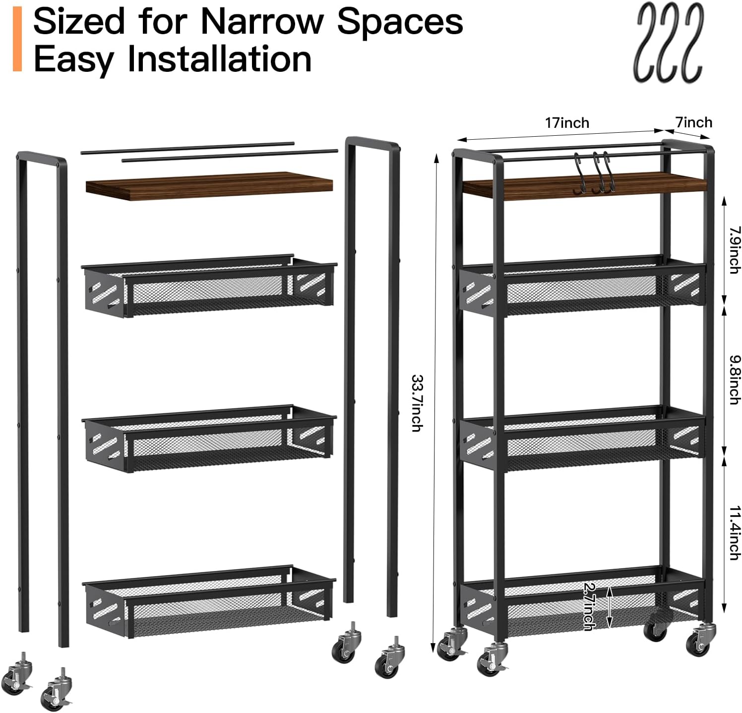 DGSNADGO Slim Rolling Storage Cart, 4-Tier Kitchen Cart on Wheels, Narrow Utility Cart with Handle and Wooden Tabletop for Small Space in Kitchen, Living Room, Bathroom, Rustic Brown and Black