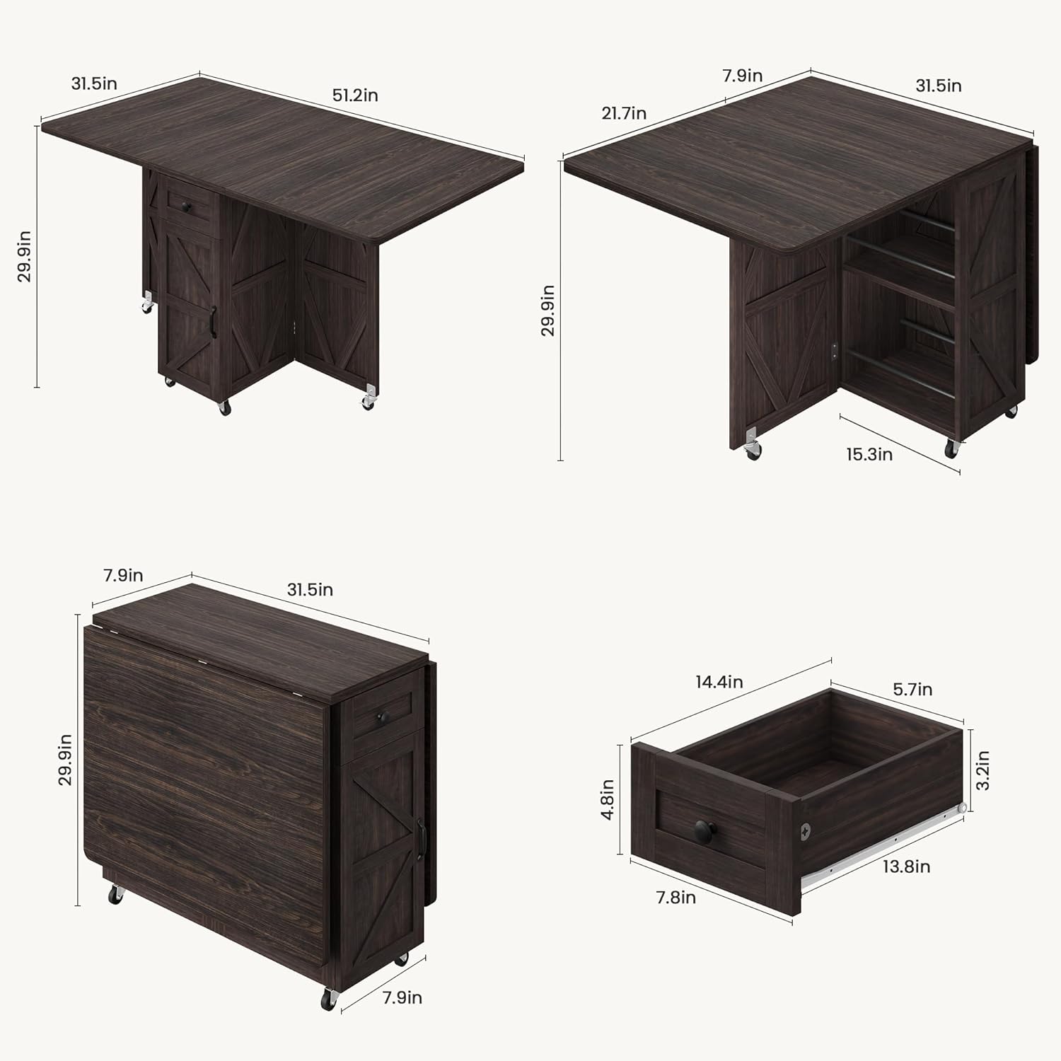 Jocoevol Folding Dining Table for Small Spaces, Space Saving Foldable Kitchen Table with Drawer & 2-Tier Storage Shelf, Rolling Expandable Dining Table with Wheels, Farmhouse, Dark Walnut