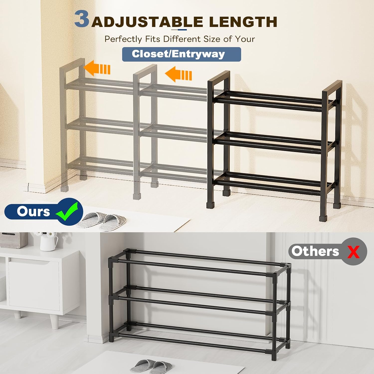Mavivegue 19“- 43” Adjustable Shoe Rack, 3 Adjustable Length, 3 Tier Expandable Shoe Rack for Closet, Entryway, Shoe Shelf, Black