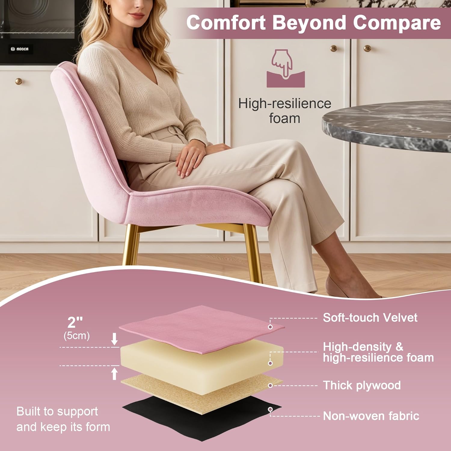 VECELO Dining Chairs Set of 2, Velvet Fabric & Metal Frame, Mordern Style for Kitchen, Living Room,Offcie, Pink