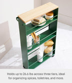 YAMAZAKI Home Slim Rolling Storage Cart – Narrow Kitchen Storage Cabinet with Handle, Slim Storage Cart with Wheels, Easy Assembly, Steel + Wood, Green