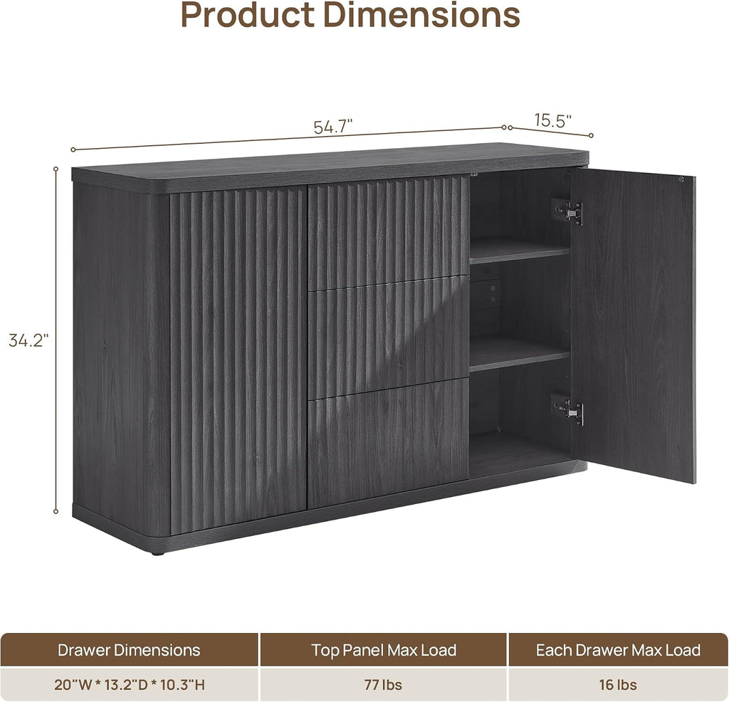 SICOTAS Buffet Cabinet with Storage 54.7" Large Modern Accent Storage Cabinet with Doors and Shelves Wooden Fluted Sideboard Credenza Buffet Table Coffee Bar for Living Room Kitchen Dining Room