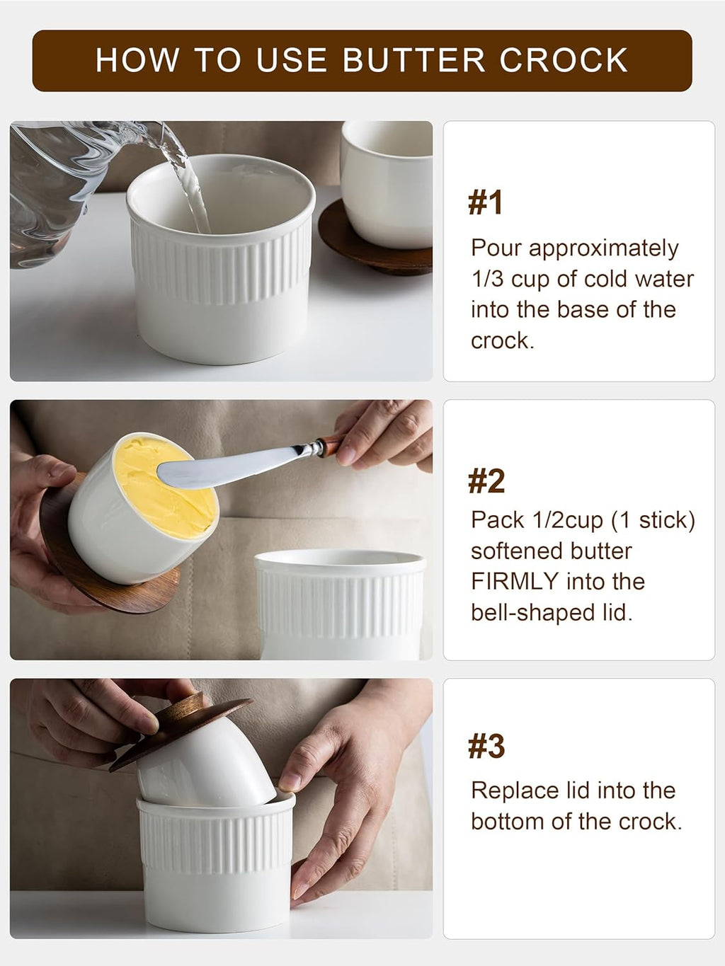Ceramic Butter Crock, Butter Dish with Lid for Countertop, French Butter Keeper, Classic Stripe Pattern, White