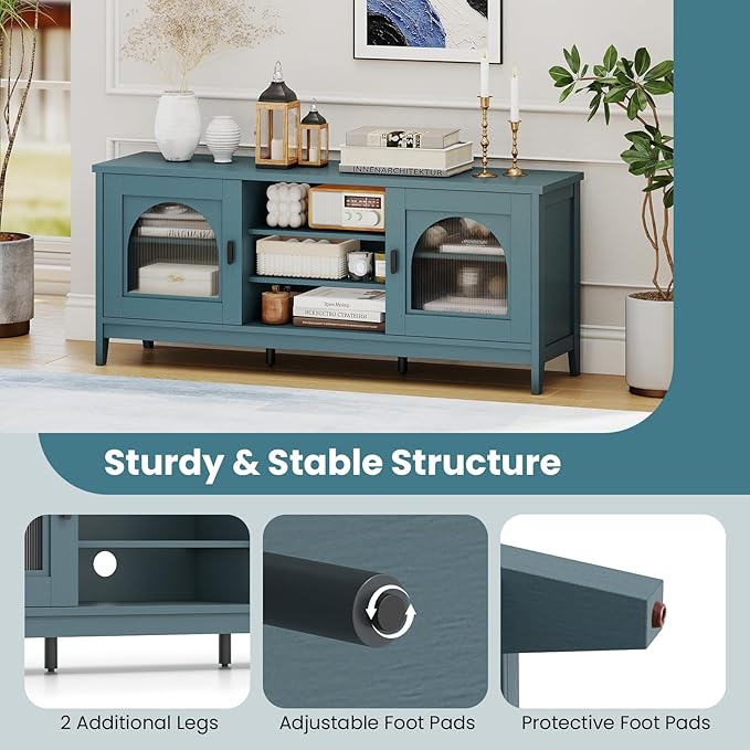 Giantex Farmhouse TV Stand for TVs up to 65", Modern Vintage Entertainment Center w/Storage, Adjustable Shelves, Cable Holes&Glass Doors, Media TV Console Table for Bedroom, Living Room (Teal Blue)