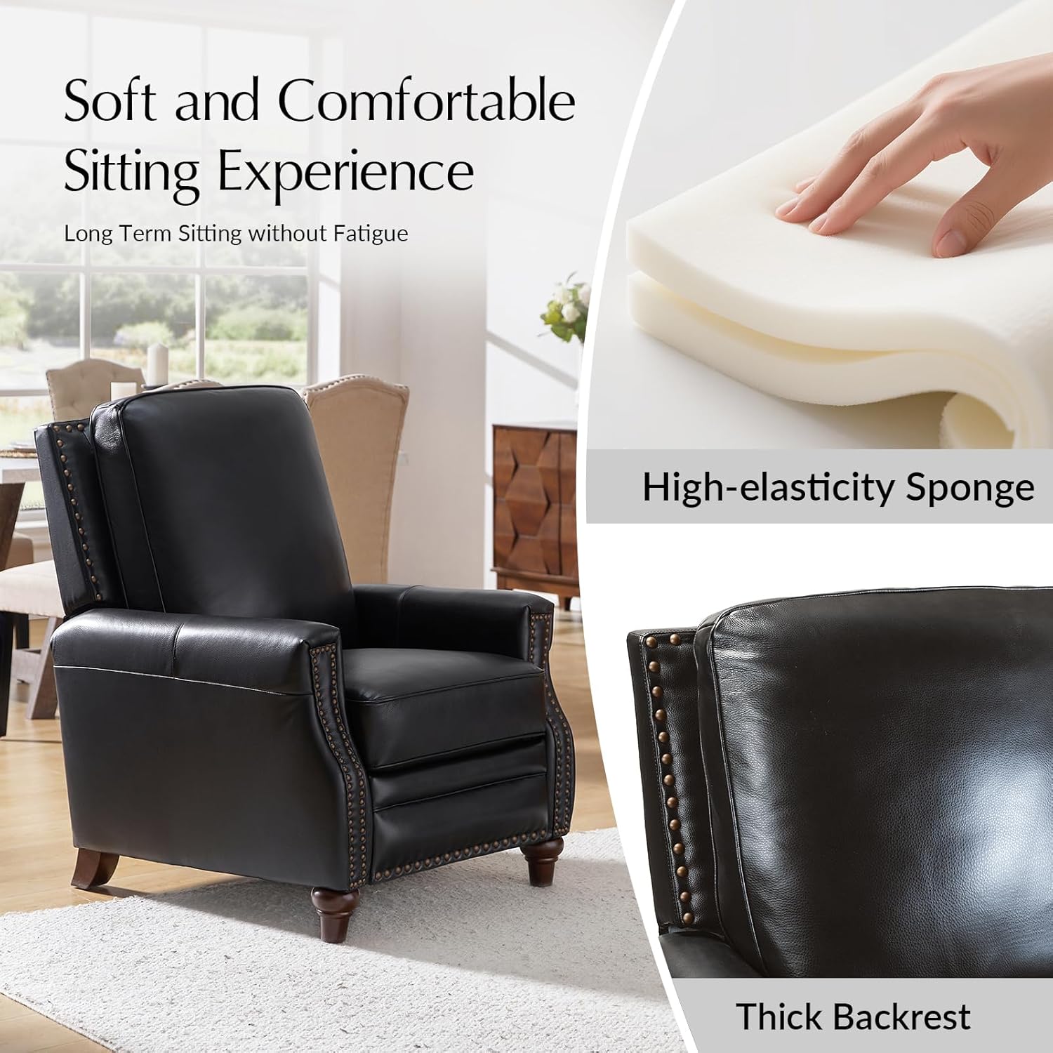 HULALA HOME Genuine Leather Manual Recliners Set of 2 with Wood Legs, Black | Mid Century Modern Push Back Recliner with Nailhead Trim, Adjustable Backrest & Footrest, for Living Room Home Theater