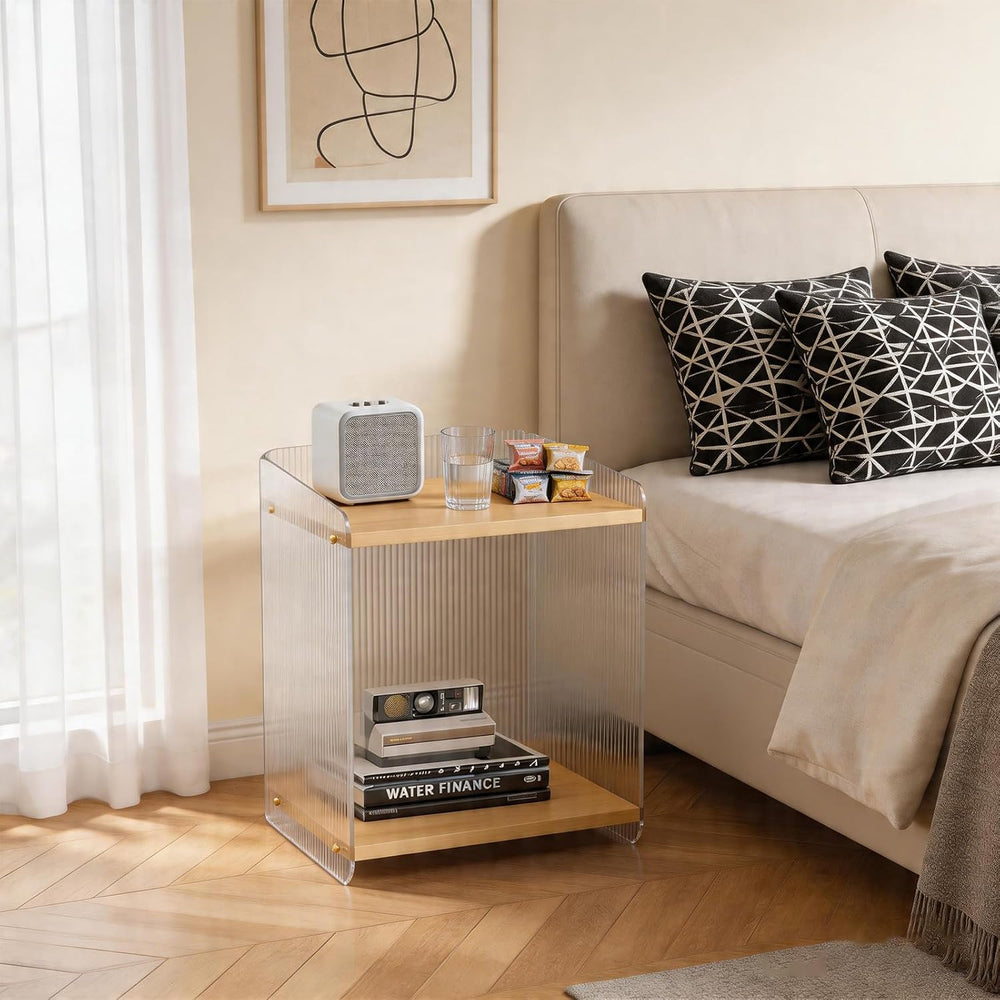 Acrylic and Wood End Table with 2-Tier Storage, Side Table for Couch Dinner C...