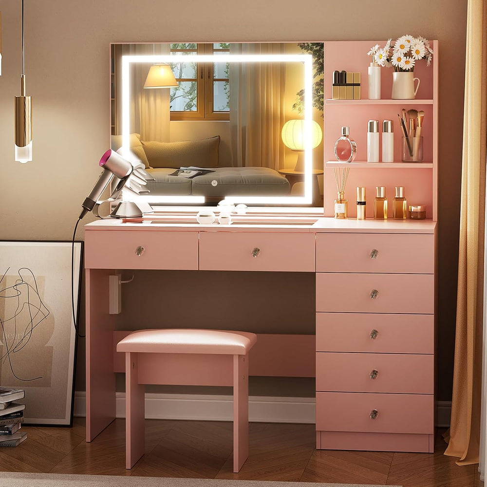 VOWNER Vanity with Mirror and Lights - 47" Glass Top Makeup Vanity Desk ...