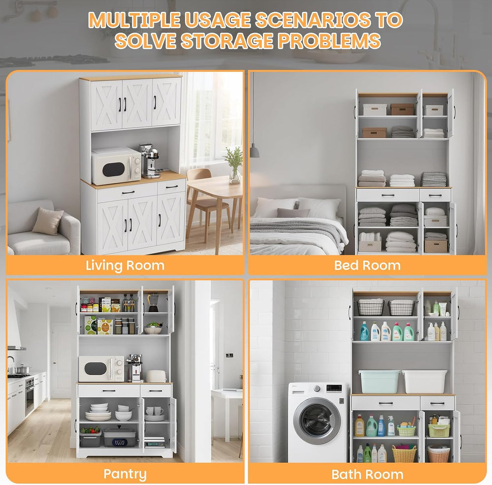 42" Tall Kitchen Pantry Storage Cabinet with Microwave Stand, with Charg...