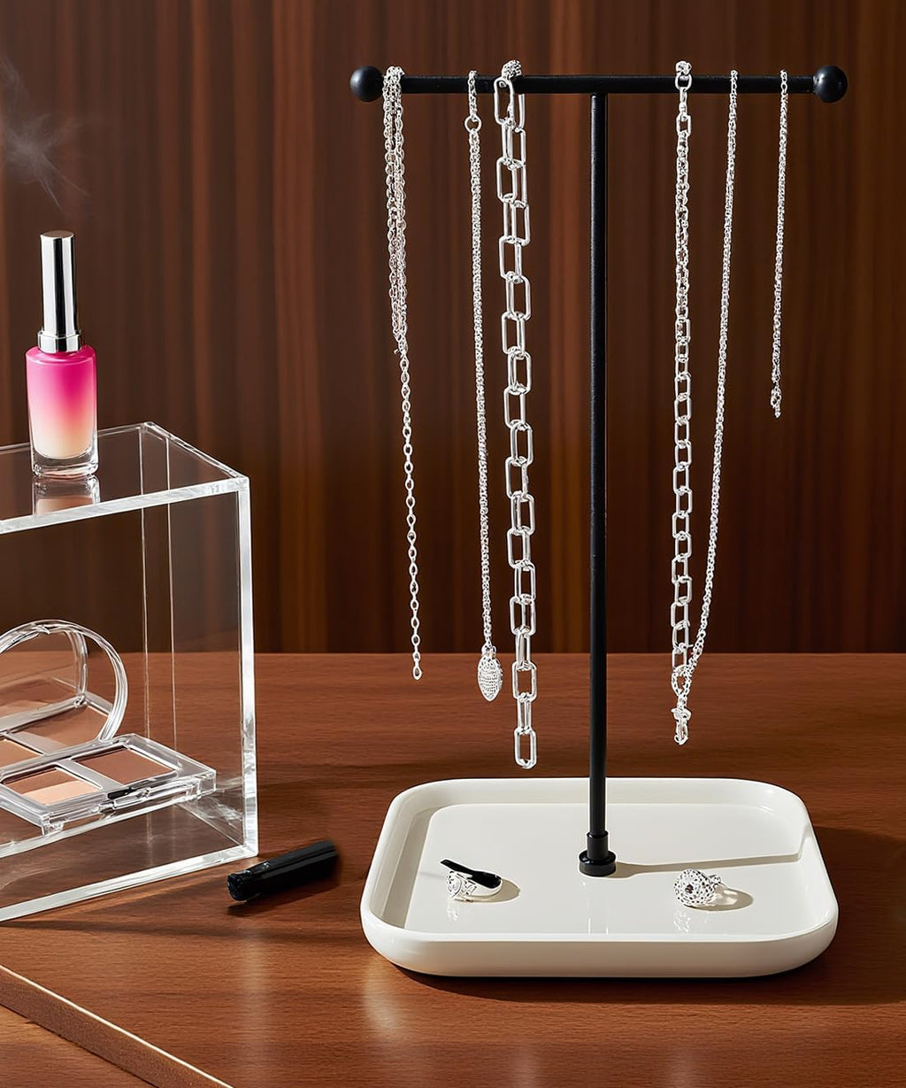 VROOMIUM Necklace Holder- Ceramic Base 1ft Height Jewelry Organizer Stand, Aesthetic Jewelry Hanger Display for Necklaces, Bracelets, Rings, Exhibidor de Collares-Minimalist White