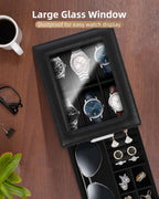 Uten 6-Slot Watch Box, 2-Layers PU Leather Watch Case with Glass Lid, Watch Holder Organizer with Soft Pillow and Velvet Lining, Watch and Jewelry Storage Box, Black