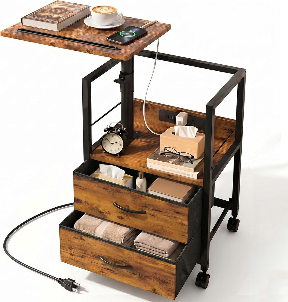 Faesun Swivel Lift Top Nightstand with Charging Station, Rolling Side Table f...