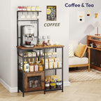 SWTYMIKI Bakers Rack with Storage - Coffee Bar Cabinet Organizer with 8 Hooks, Shelves & Cabinet Door, Coffee Station for Kitchen Dining Room, Microwave Stand with Adjustable Feet, Espresso