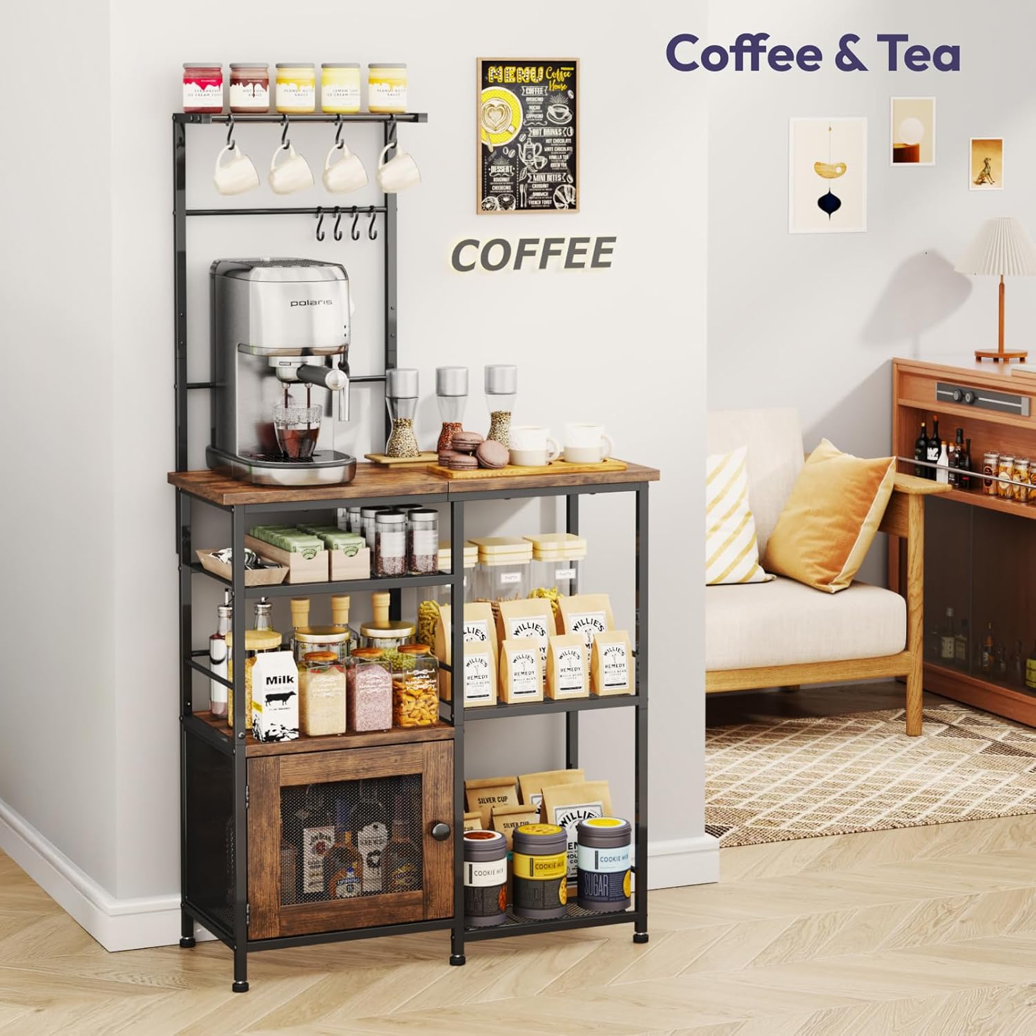 SWTYMIKI Bakers Rack with Storage - Coffee Bar Cabinet Organizer with 8 Hooks, Shelves & Cabinet Door, Coffee Station for Kitchen Dining Room, Microwave Stand with Adjustable Feet, Espresso