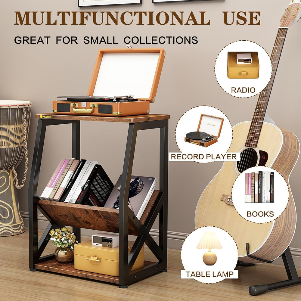 MULKHOME 3-Tier Accent End Table with Magazine Holder Shelf, Metal Frame, Scr...