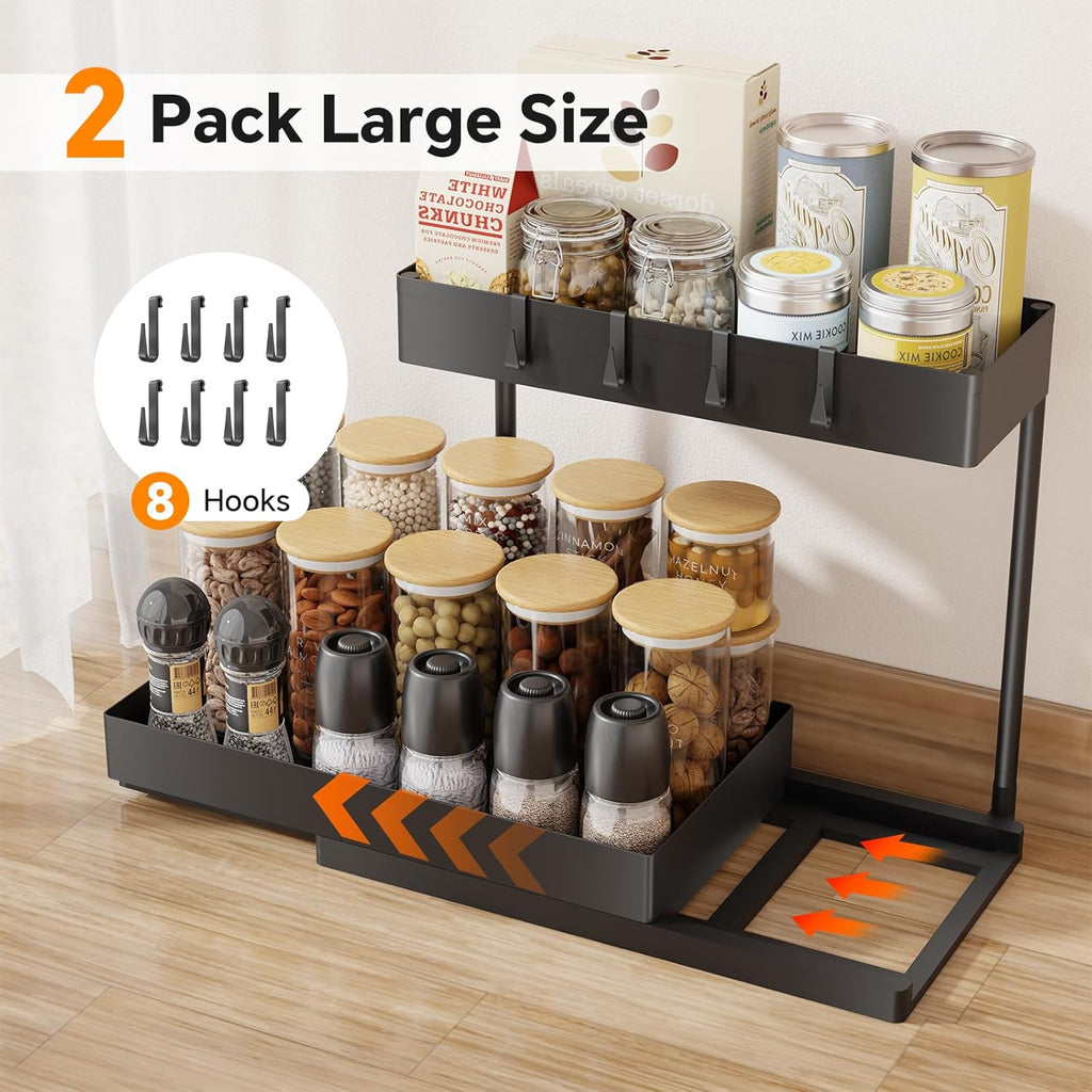Simple Trending Under Sink Organizer 2 Pack, L-Shaped Sink Pull-Out Sliding Storage Cabinet, 2-Tier Under Shelf Organizer for Kitchen Bathroom with Hooks, Black