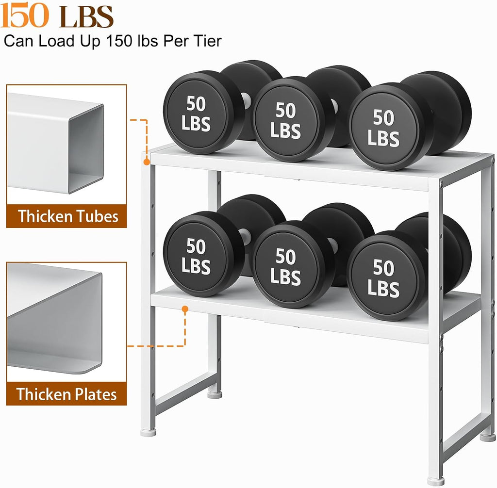 2-Tier Expandable Kitchen Storage Shelf,150LBS Heavy Duty Metal Shelving Units For Small Appliance,Adjustable Pots and Pans Organizer Rack Shelves For Kitchen Counter Under Cabinet Garage Pantry,White